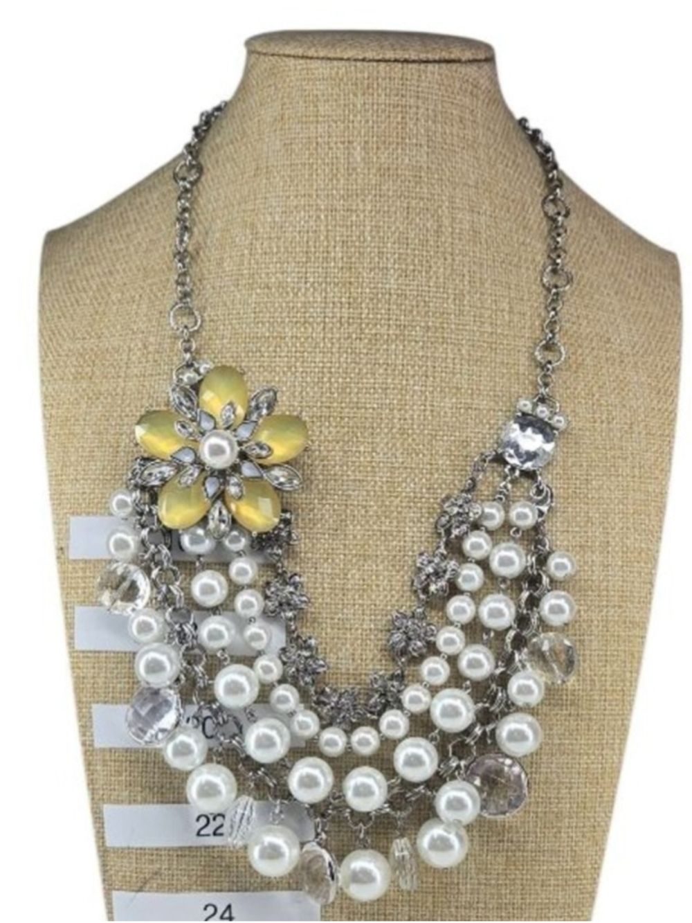 White House Black Market Statement Necklace Silvertone White Pearl Yellow Floral